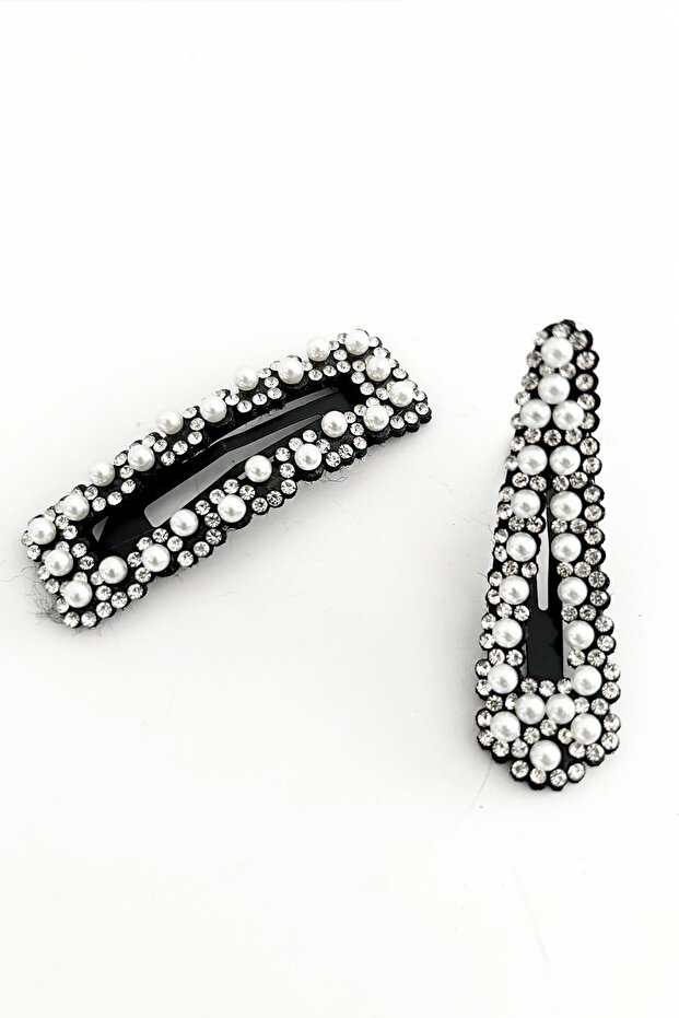 Asymmetrical Mini Pearl and Stone Detailed Women's Side Snap Buckle 2 Pack