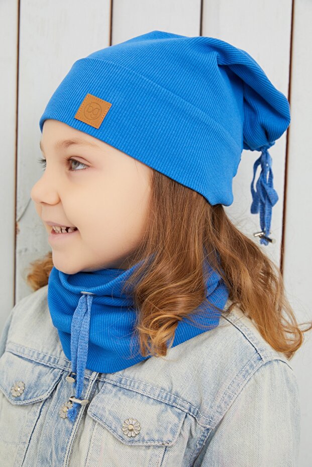 Girl's Blue String Hat Beanie Neck Collar Set Comfortable Cotton Camisole Domestic Production