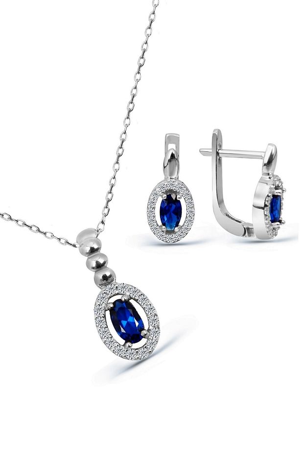 925 Ayar Gümüş Mavi Taşlı Minimal Set - S013602 - 1