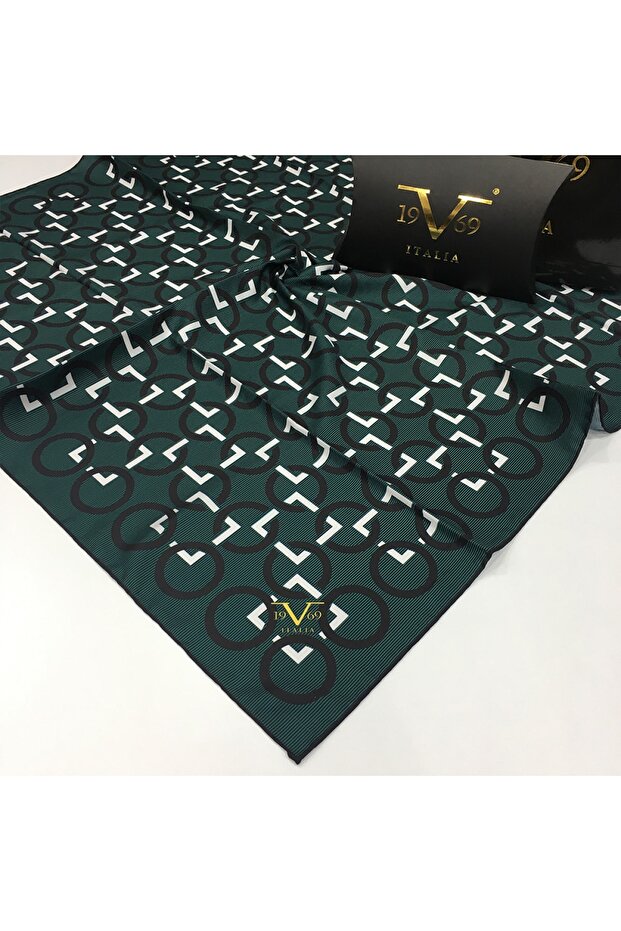 Green Twill Scarf Geometric Pattern Black Series with Scarf Hanger and Gift Set 90x90 Cm