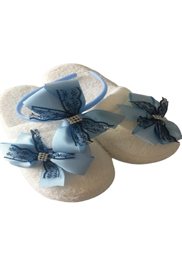 Women's Black Tulle Blue Bow Maternity Slippers Set