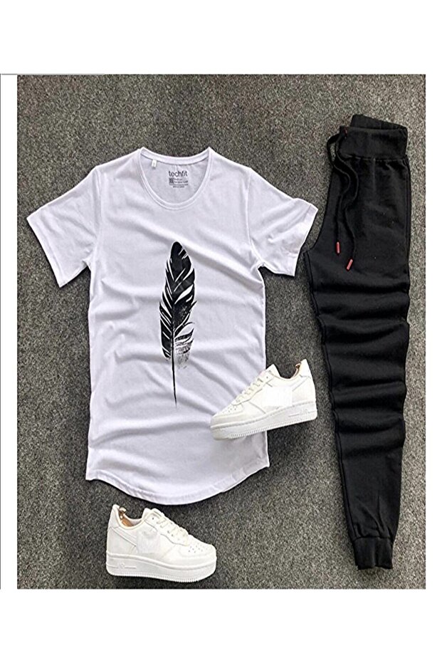 Unisex White Leaf Printed T-Shirt - Black Sweatpants Slim Fit Combined Top and Bottom Set