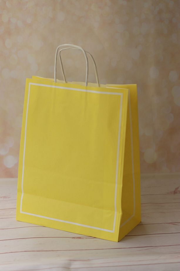 Kağıt Çanta ,makaron Sarı 25x12x31 Cm Büküm Saplı Hediye Poşeti 5'li - 1