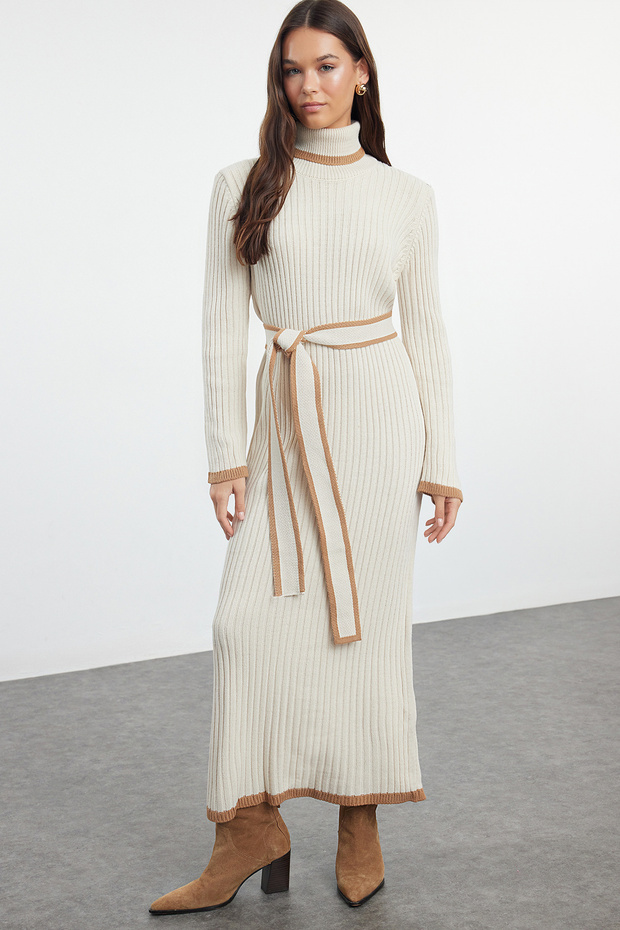 Mink Ribbed Knitwear Dress with Stone Belt Tctaw25Eb00045