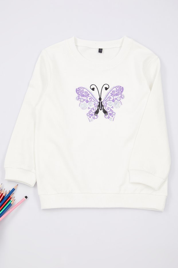 Ecru Girls' Seasonal-Thin Butterfly Print Crew Neck Cotton Sweatshirt Tkdaw25Sw00013