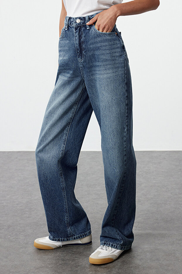 Lacivert Yüksek Bel Wide Leg Geniş Paça %100 Pamuk Non-Stretch Jeans TWOSS22JE0242 - 4
