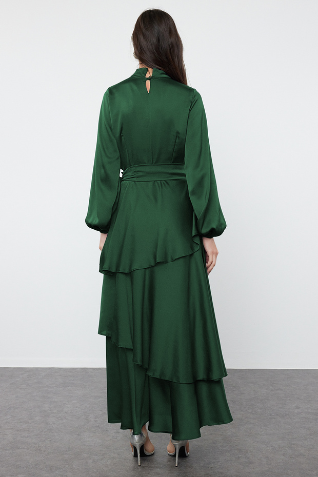 Sötétzöld smaragd réteges szatén szőtt estélyi ruha / estélyi ruha - 5