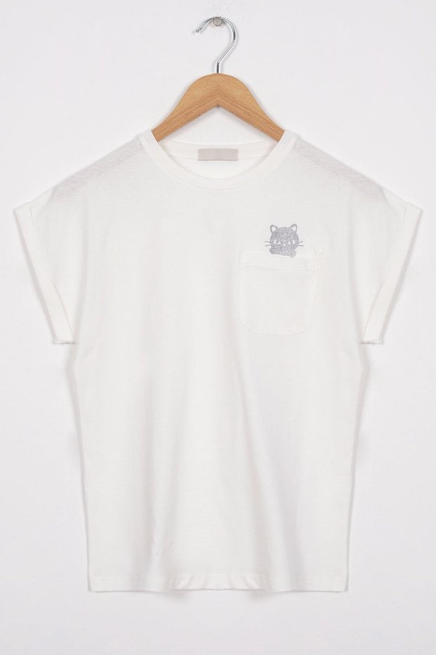 Crew Neck Short Sleeve Pocket Detailed Silvery Cat Printed Ecru Color Girls' T-Shirt