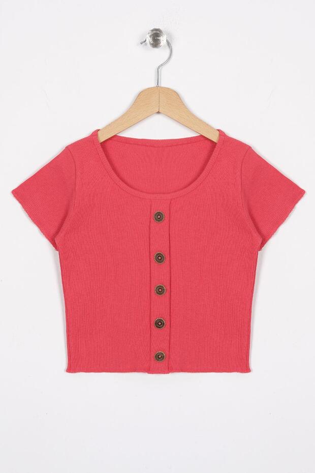 Crew Neck Short Sleeve Ribbed Salmon Color Girl's T-shirt