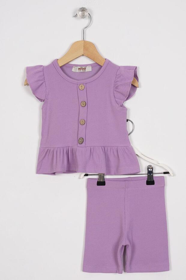 Lilac Color Girls' Leggings Set with Ruffled Skirt and Button Detail