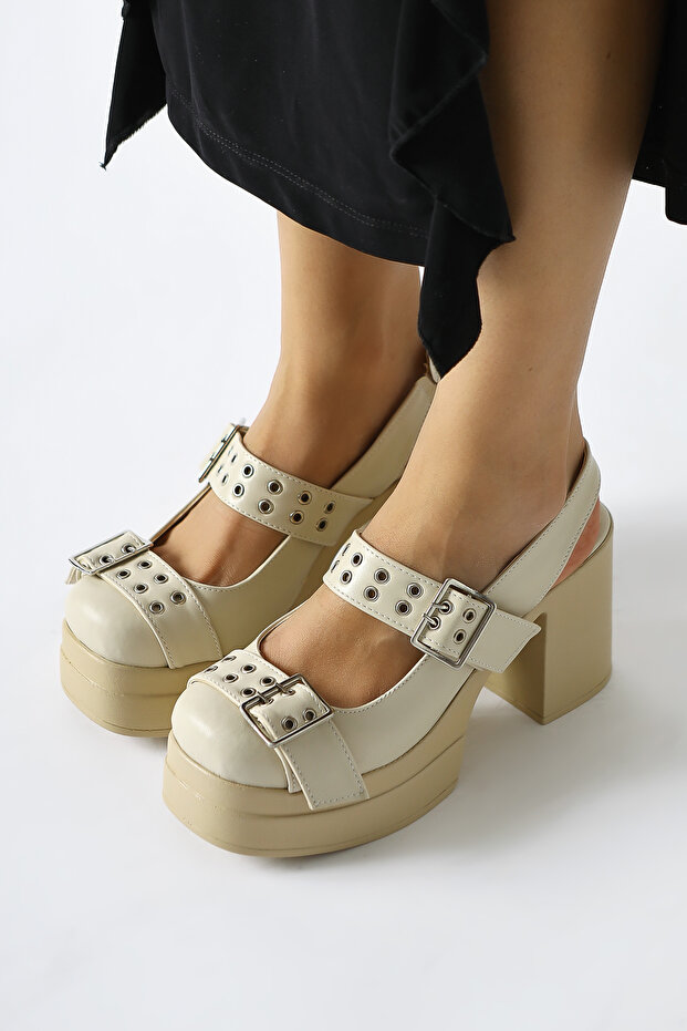 Marise Beige Oval Toe Platform Double Belt Accessory Women's Casual Shoes