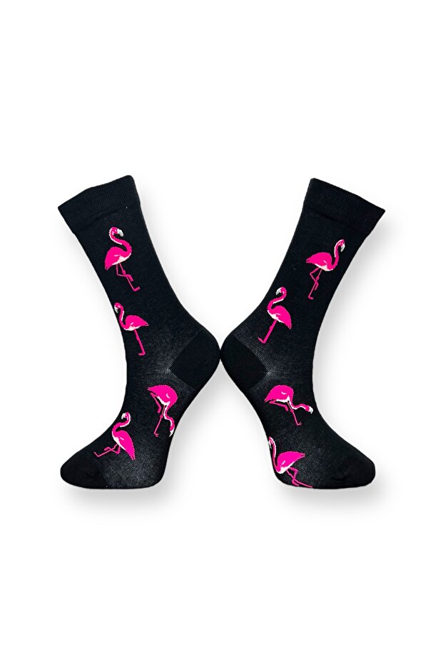 3'lü Renkli Siyah Flamingo Desenli Unisex Esnek Nem Alabilen Pamuklu Soket Çoraplar - 7