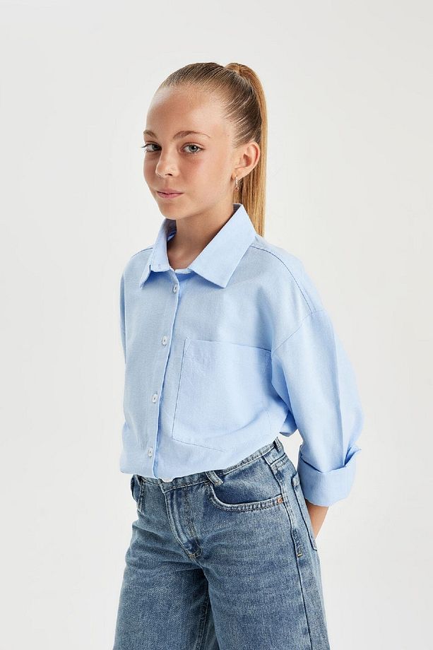 Kız Çocuk Oversize Geniş Kalıp Poplin Uzun Kollu Basic Düz Okul Gömleği C7482a824au - 4