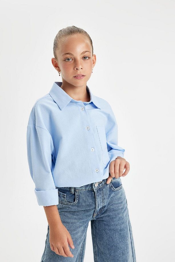 Kız Çocuk Oversize Geniş Kalıp Poplin Uzun Kollu Basic Düz Okul Gömleği C7482a824au - 3