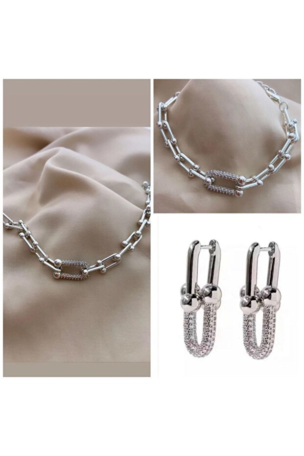 Brand Model Steel Silver Necklace Earring Bracelet Set
