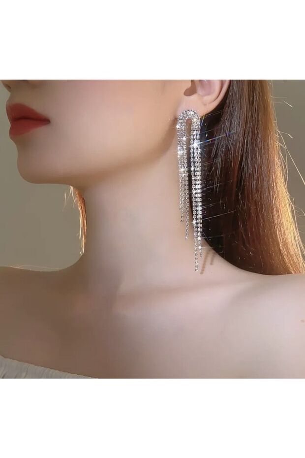Tassel Long Dangle Zircon Stone Sparkling Waterway Evening Dress Earrings (6 cm)
