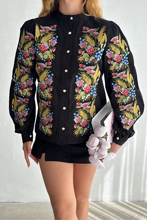Women's Black Button and Lace Detailed Fully Embroidered Shirt