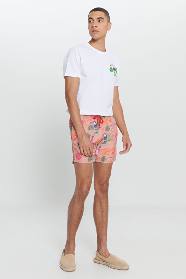 Erkek Turuncu Cepli Hızlı Kuruyan Desenli Standart Fit Normal Kesim Mayo Deniz Şortu - 7