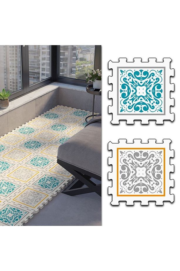 Renkli Yıkanabilir Dekoratif Büyük Balkon Halısı Thb14 | Yapboz Halı | Puzzle Halı - 1