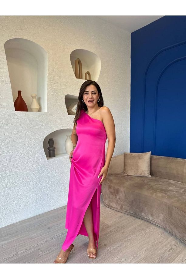 Pembe Tek Kol Detaylı Saten Elbise - 7