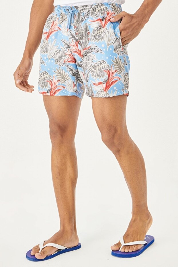 Men's Light Blue Standard Fit Patterned Quick Drying Swimsuit Swim Shorts