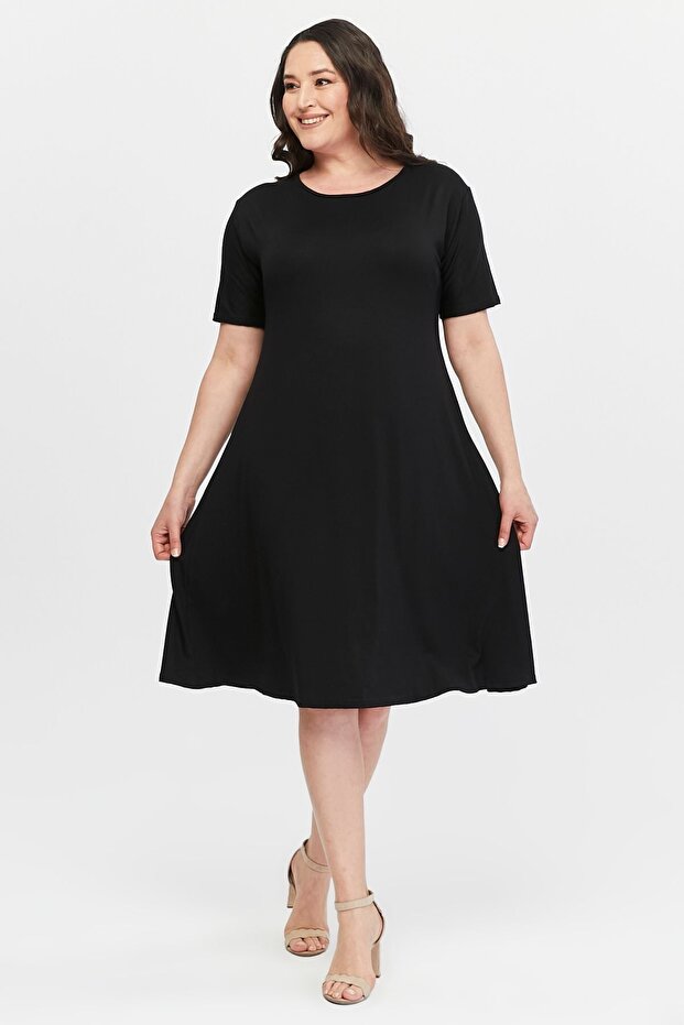 فستان فيسكوز أساسي بلون سادة وأكمام قصيرة - 1