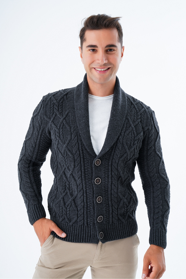 Men's Anthracite Shawl Collar Knitted Hair Braided Buttoned Wool Knitwear Knitted Cardigan Trist-5341