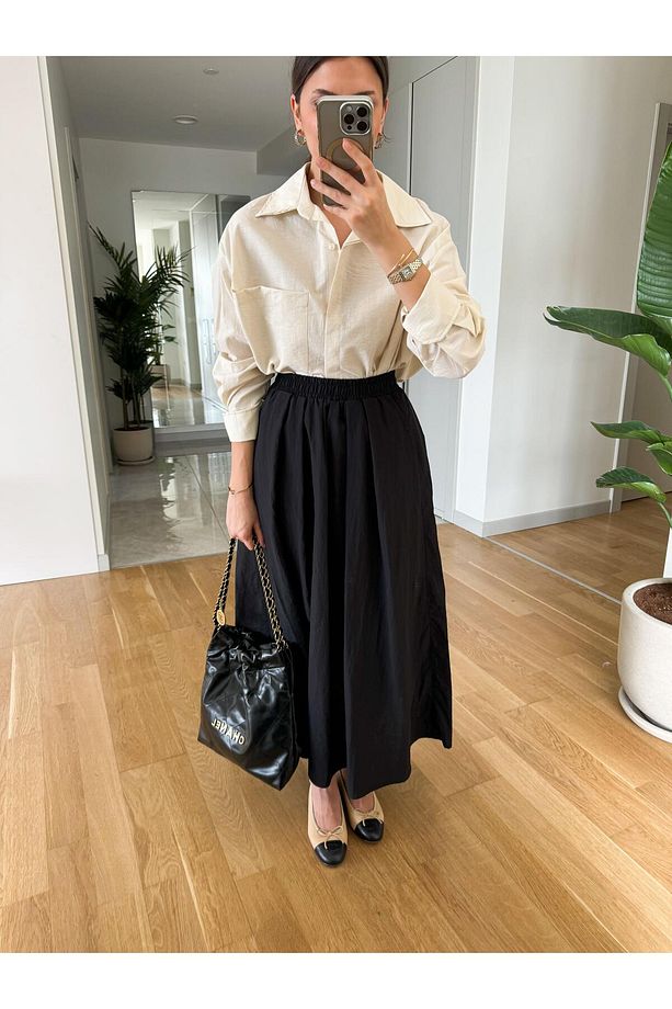 Beli Lastikli Poplin Midi Etek-Siyah - 2