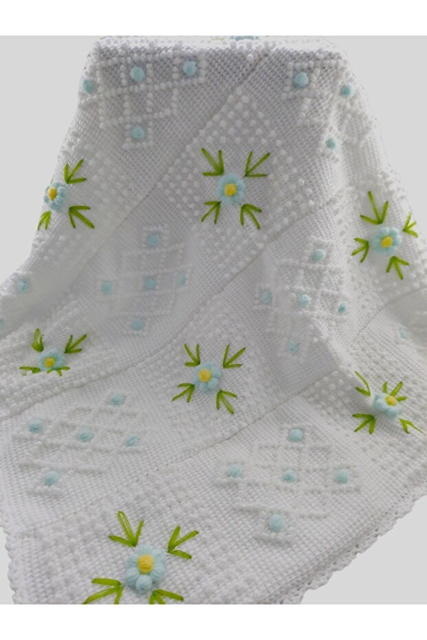 Aykır-ı Baby Flower Patterned Tunisian Hand Knitted Baby Blanket