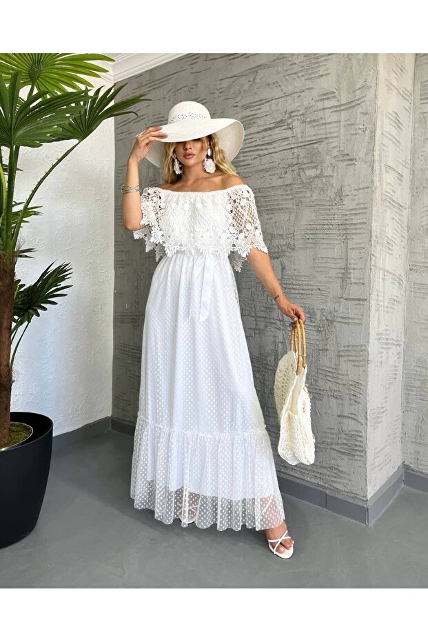 Women's White Imported Fabric Polka Dot Pattern Tulle and Guipure Detail Lined Designer Dress