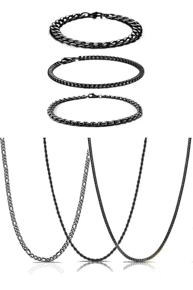 Set of 6: 3 Bracelets and 3 Necklaces (Black Necklace and Bracelet Set)