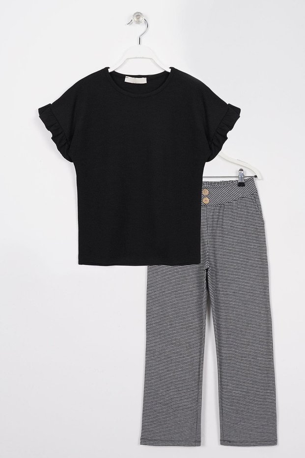 Crew Neck Short Sleeve Pıtıkare Detailed Black Color Girls' Pants Set