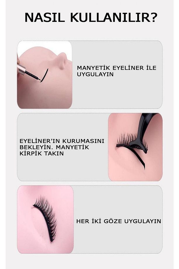 Gerçek Görünümlü 3 Çift Manyetik Kirpik Manyetik Eyeliner Cımbız Seti - 8