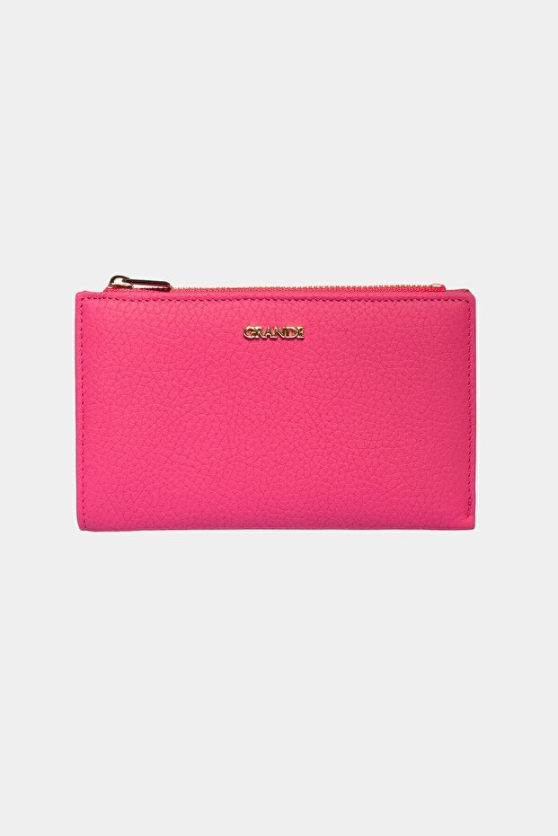 2804 Genuine Real Leather Snap Fastener Zippered Women's Wallet Flother Pink