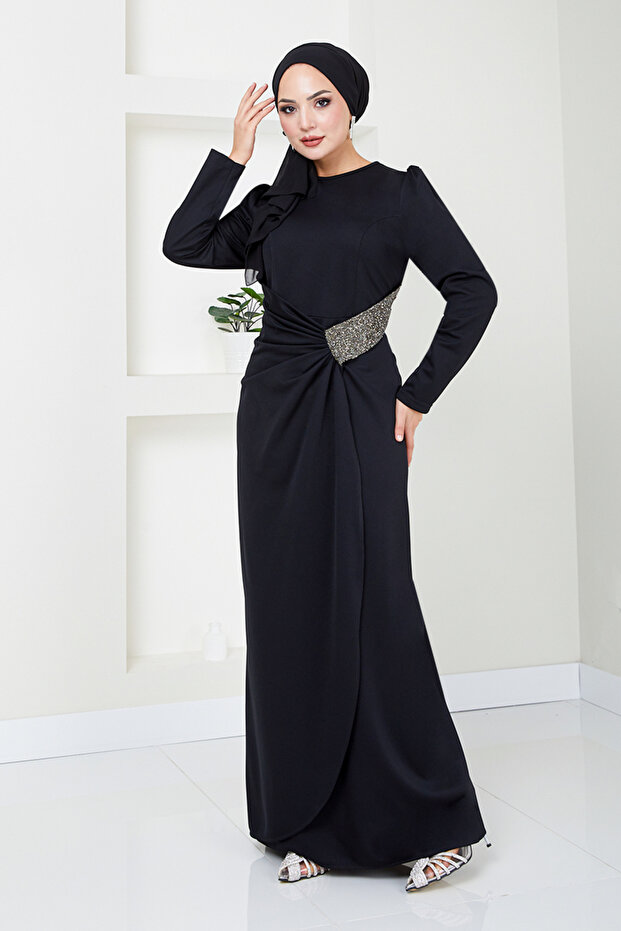 Black Draped Hijab Dress - 5026SL890-M