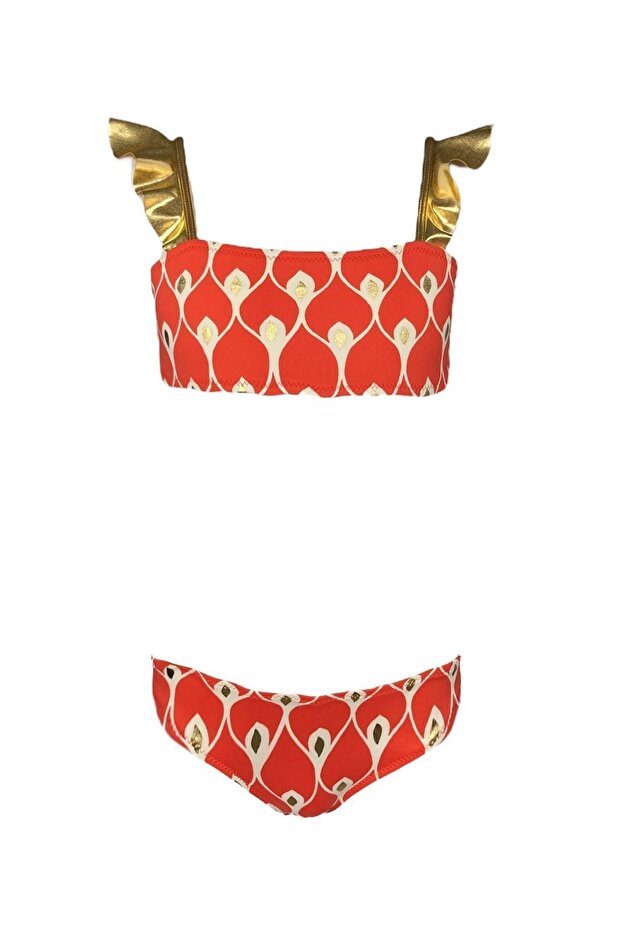 Red 50Uv Girls' Bikini Set with Straps and Gold Ruffle Detail by Nessi Byrd
