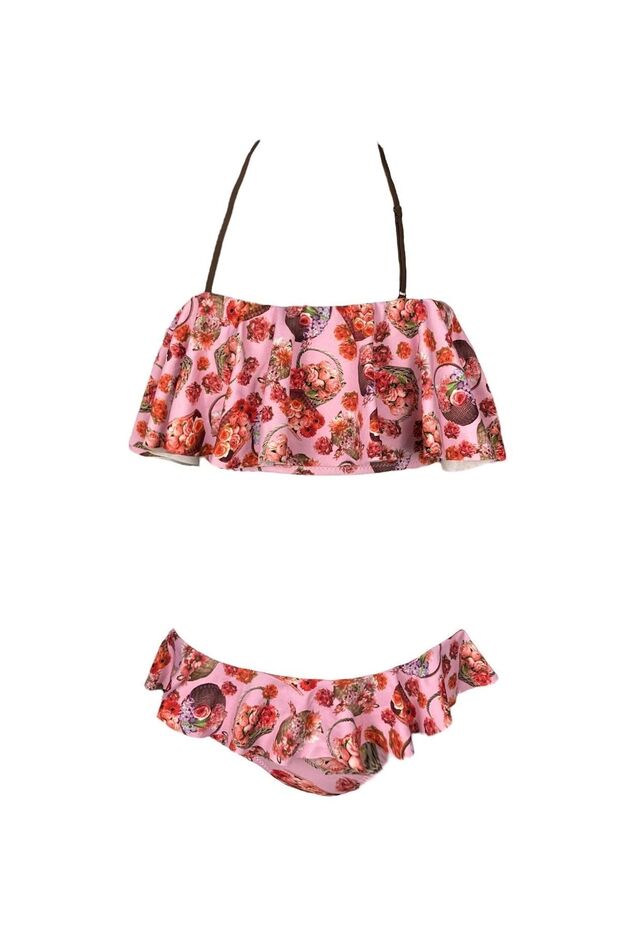Halter Neck Adjustable Strap Floral Patterned Ruffle 50Uv Girls' Bikini Set by Nessi Byrd