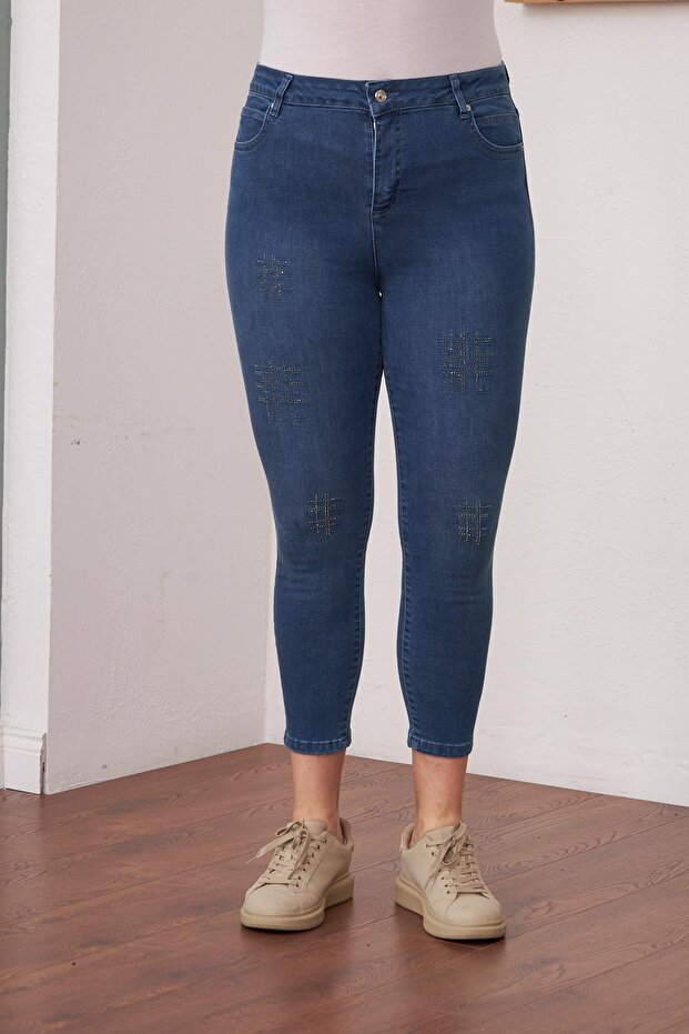 Plus Size Blue Jeans with Stone Detail