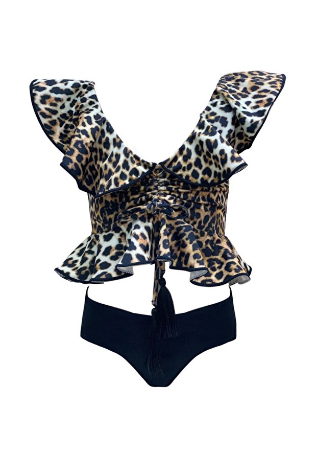 Leopard Print Ruffled Tassel Detailed 50Uv Girl's Bikini Set by Nessi Byrd