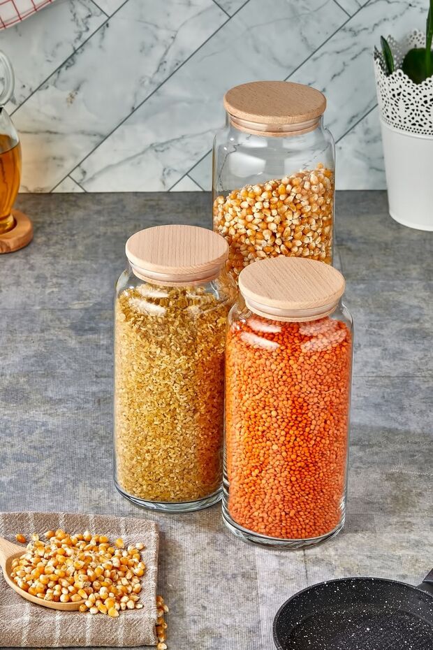 3-Piece Glass Jar with Wooden Lid 1300ml