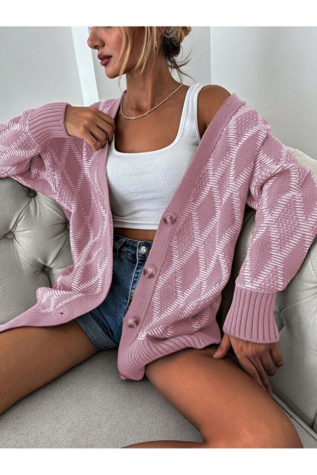 Diamond Patterned Four-button Cardigan - Powder - 1