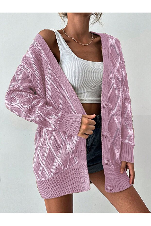 Diamond Patterned Four-button Cardigan - Powder - 6