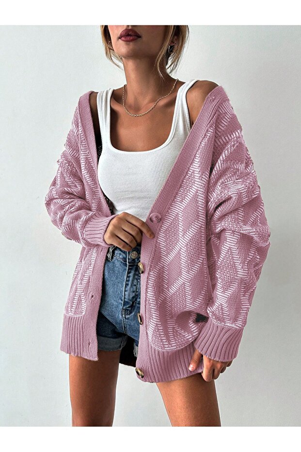 Diamond Patterned Four-button Cardigan - Powder - 5