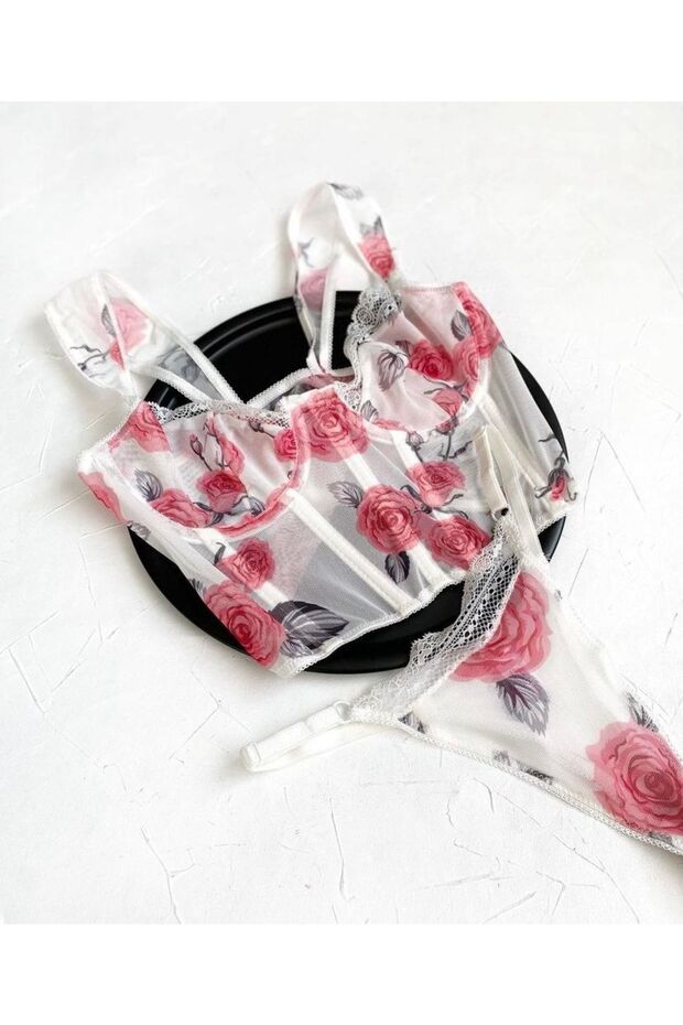 Floral Patterned Ecru Bustier Set - 2