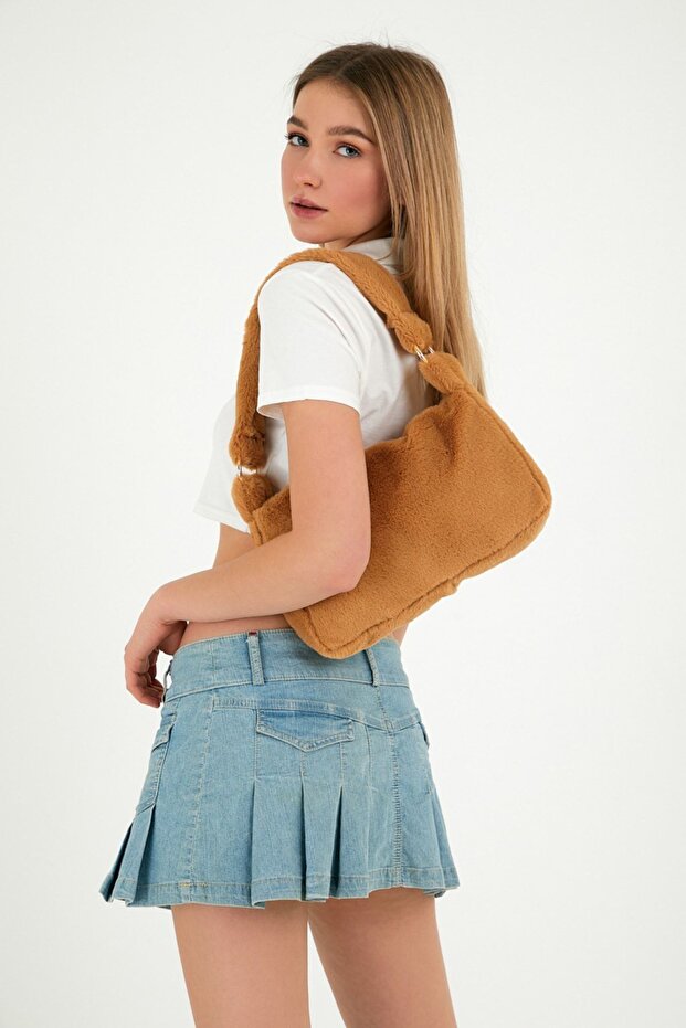 Milk Coffee Color Toscana Ringed Baguette Bag / Milk Coffee Plush Shoulder and Hand Bag