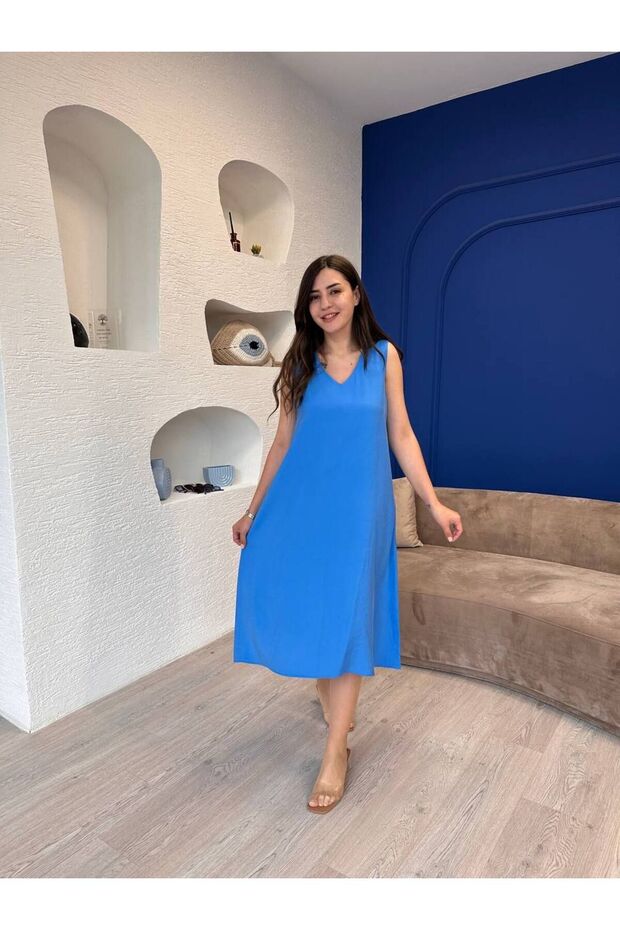 V-neck Blue Midi Dress
