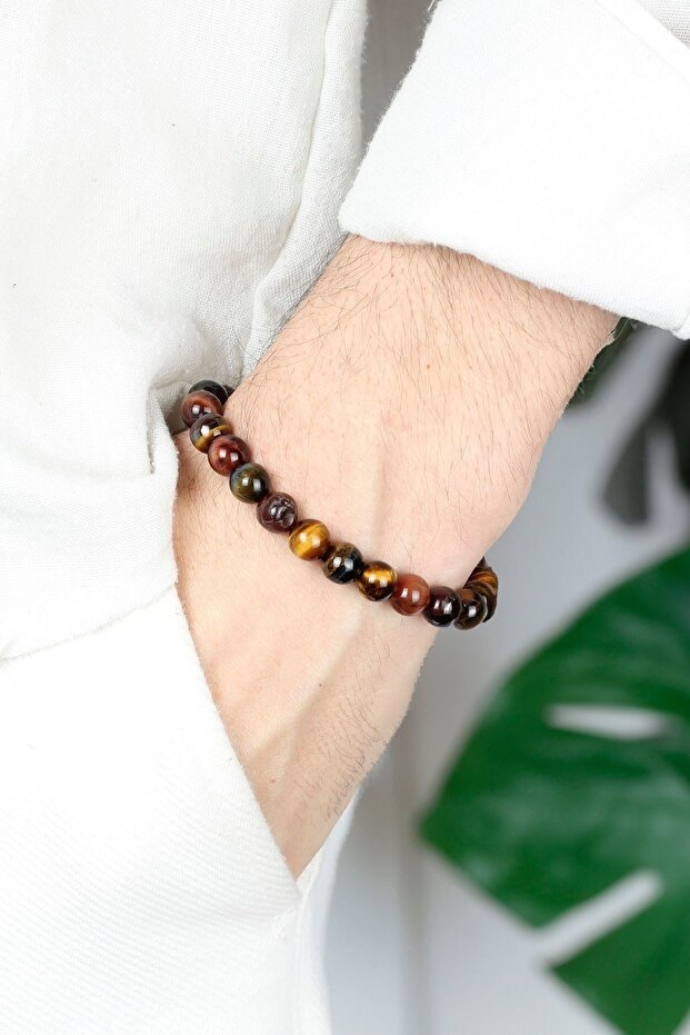 Tiger Eye Natural Stone Men's Bracelet Elastic Wrist Accessory Suitable for All Wrists