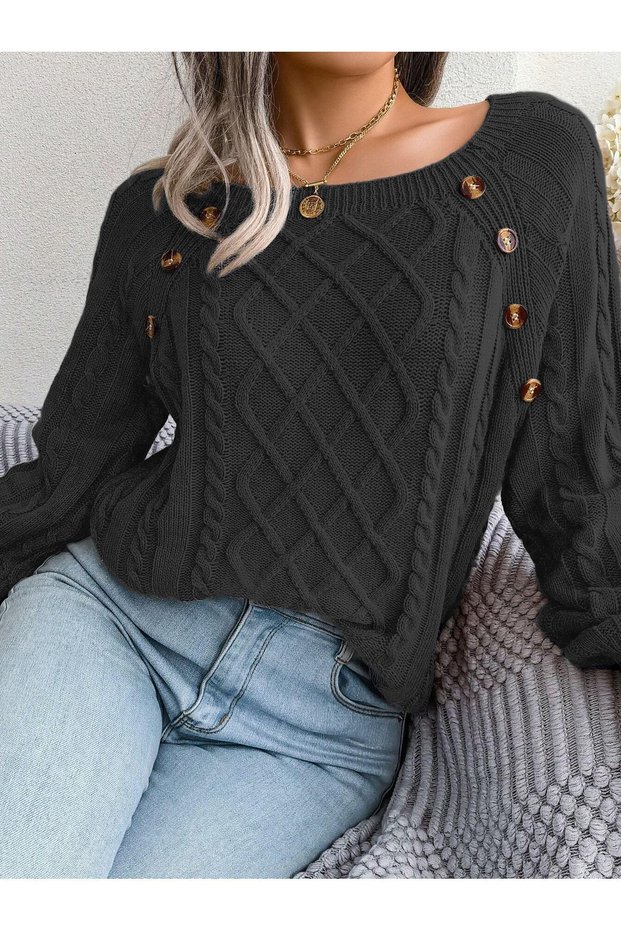 Women's Boat Neck Hair Knit Patterned Button Detailed Anthracite Knitwear Sweater