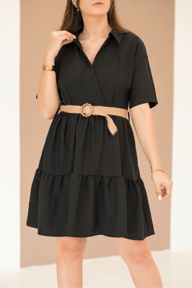 Siyah Hasır Kemer Kemerli Elbise - 3