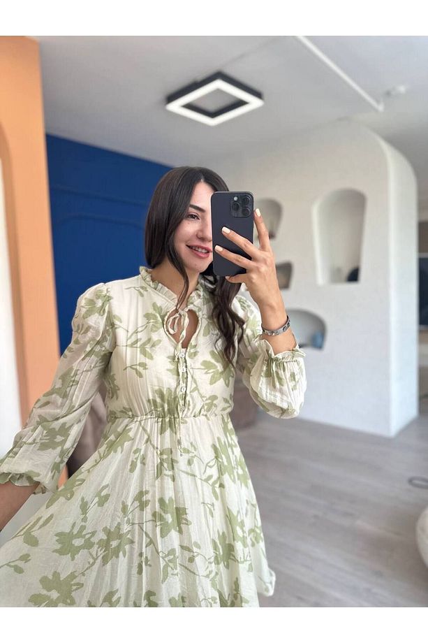 Krem Su Yeşil Desenli Modessa Elbise - 4